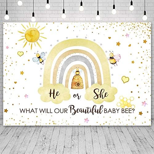 AIBIIN 7x5 фута Бохо Пчелен Пол Разкриващ Фон Дъгата Слънчев Фон за снимки на Пчелите Той Или Тя Какъв Ще бъде Нашият Прекрасен Пчелен