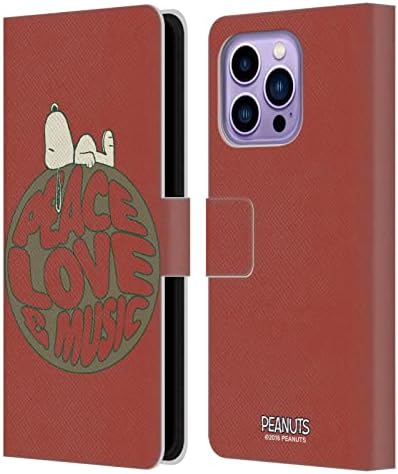 Дизайн на своята практика за главата Официално Лицензиран Peanuts Снупи Peace Love Music Woodstock 50th Кожен Калъф-книжка-джобен формат, Съвместим с Apple iPhone 14 Pro Max