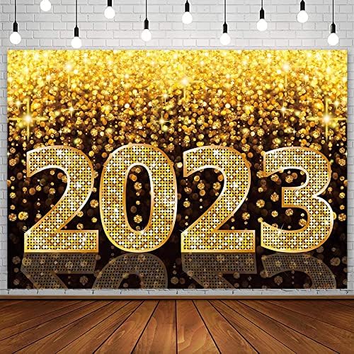 AIBIIN 7x5 метра Черно-златна Блестящ Фон честита Нова Година, Блестящ Фон за снимки на Здравей, 2023, дай ми една Целувка в полунощ, Поздравления и честита Нова година, Акс