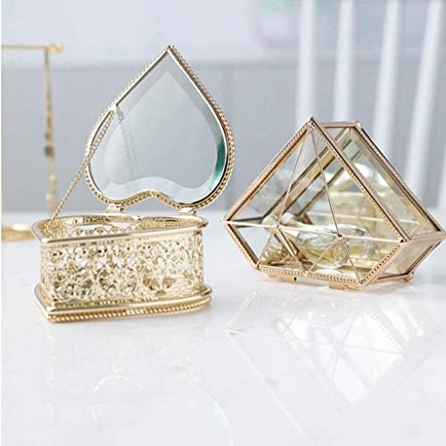 Бижутериен калъф Yalych Кутии за бижута от Златно Стъкло, прозрачен Метален Калъф За бижута, Ключодържател, Малка кутия във формата на сърце и диамант. (Цвят: A + b, Разме?