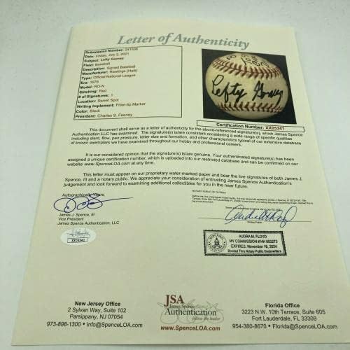 Левти Гомес подписа Първия Щурм на терена, Използвани бейзболни топки Carl Hubbell Day JSA - MLB С Автограф, Използвани Бейзболни топки