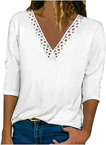 Годишна Елегантна Тениска за Жени, Блуза с Дантелен завършек и V-образно деколте, Обикновена Тениска със Средна дължина, С 3/4 ръкави,