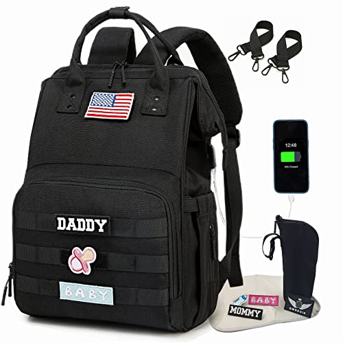 Раница-чанта за Памперси QWREOIA с USB порт за зареждане, Колани за Колички и Изолиран джоб, Тактически нож военен Раница за Пелените за татко/мама (черен)