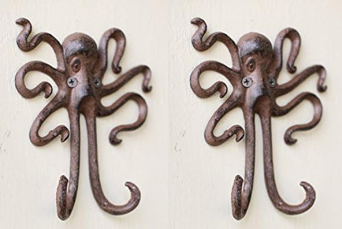 Комплект от 2 стенни куки за съхранение на октопод, деревенское Антикварное кораби украса от чугун, с Дължина 5,6 инча, ширина 5,5 инча