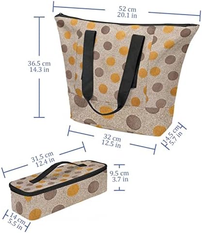 Чанта-тоут Голяма Чанта през Рамо с Кутия за Обяд Горчично-Жълта и Бяла Чанта-Тоут в Грах Стилна Дамска Чанта