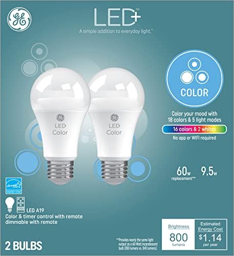 Led лампи LED на GE +, променящи цвета, с дистанционно управление, не се изисква приложение или Wi-Fi, стандартни лампи A19 (2 бр.)