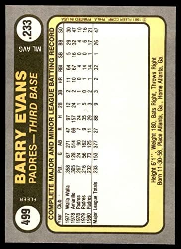 1981 Fleur # 499 Бари Евънс Сан Диего Падрес (Бейзболна картичка) Ню Йорк / MT Padres