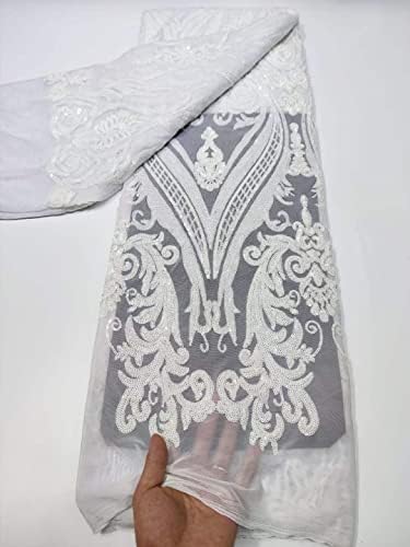 Махкрафт Синьо-Бяла Мека Африканска Лейси Кърпа 5 Ярда Френски Тюл Бродерия с Пайети Нигерийски Сватбена Рокля Материал за Шиене - 120
