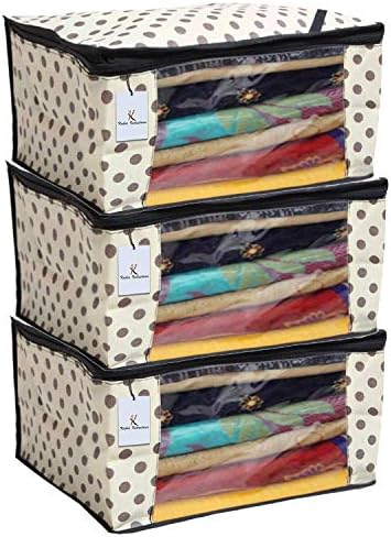 Калъф за Сари на точки от Kuber Industries / Обикновена Тъканно чанта / Органайзер за гардероб, Комплект от 3 теми (Слонова кост) с цветен