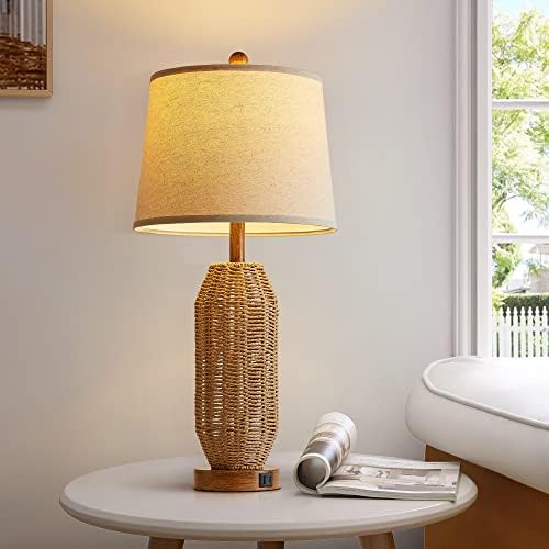 Настолни лампи от ратан Ireliare за спални, Комплект от 2-те крушки, Сензорни лампи за Прикроватной нощни шкафчета с бежово ленено абажуром,