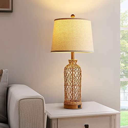 Настолни лампи за спалня от ратан, Комплект Нощни лампи с регулируема яркост на 2, 3 позиции с портове за зареждане на USB Type C, Нощни