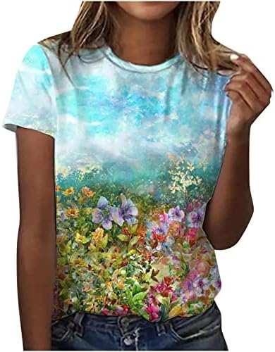 Блуза За Момичета Есен-Лятото С Къс Ръкав, Модни Памучен Ежедневна Блуза с Цветен Модел и Кръгло Деколте, Риза за Жени
