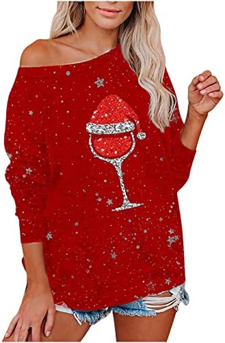 Дамски Коледна Тениска с открити рамене, Коледна Блуза с Принтом Чаши Червено Вино, Забавни Ризи, Празнични Блузи, Пуловери, Потници