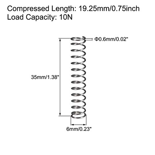 Пружина компресия uxcell, диаметър 6 мм, Размер тел 0,6 мм, Дължина в свитата 19,25 мм, Свободна дължина 35 мм, Товароносимост 10 Н,