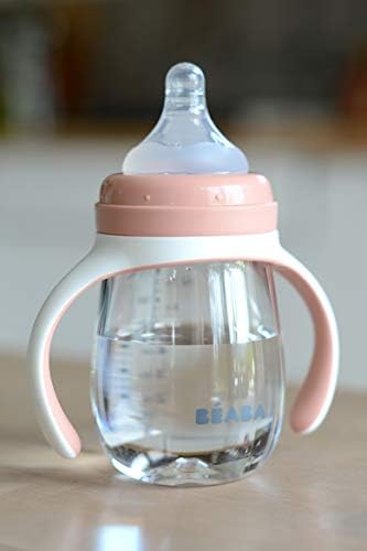 Детска бутилка BEABA 2-в-1 за тренировки, Обучение чаша, Зърното за бебешки шишета и Мек Силикон Улей за пиене, Защита от разливане,