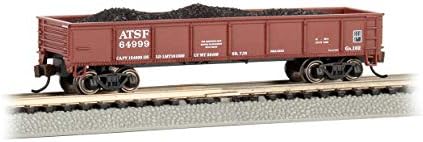 Влакове Бахмана - 40 фута полувагон - ATSF (червен Оксид) със Свалящ товарене на въглища - N Скала