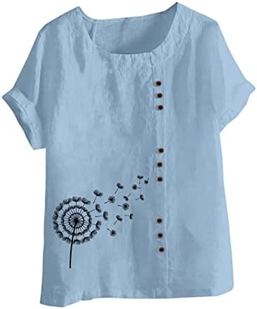 Дамски Ленени Блузи, елегантно облечен Ежедневни Риза, Свободна Туника Копчета С Къс Ръкав и Принтом Глухарче, Тениска, Летни Блузи Големи