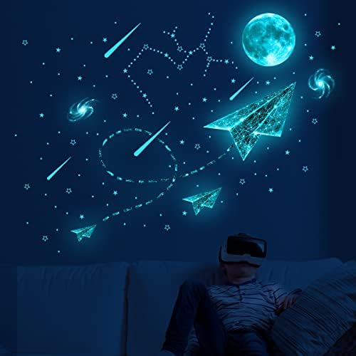 Светещи в Тъмното Звездно Небе Стикери за Стена за Тавана Нажежен Хартиен Самолет Galaxy Стикери за Стена за Малки Деца Детска Спалня