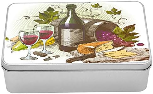 Метална Кутия за вино Ambesonne на пистата в Ретро стил с Вино и Сирене, Плодове, Напитки и храна на Изискан вкус, Многоцелеви Правоъгълен