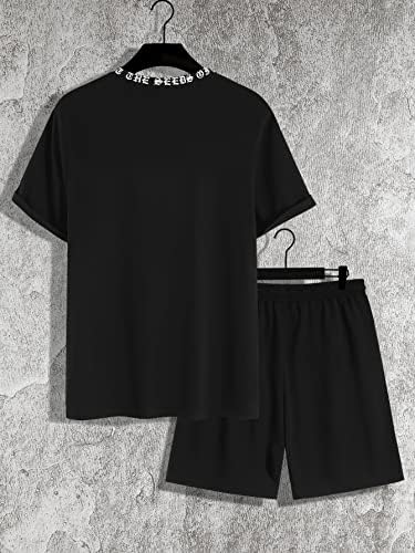 FIOXA / Мъжки облекла от две части, Риза с графичен слоган и къси панталони с завязками на талията (Цвят: черен, Размер: малък)