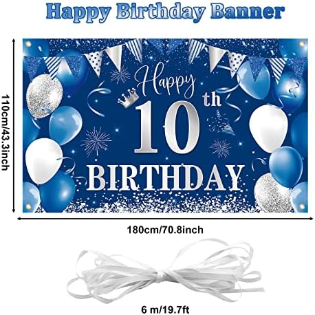 на фона на банер в 10-ти Рожден ден, BTZO Happy 10th Birthday Decorations, Синьо, Сребристо Текстилен Фон за Снимки на Момчета и Момичета