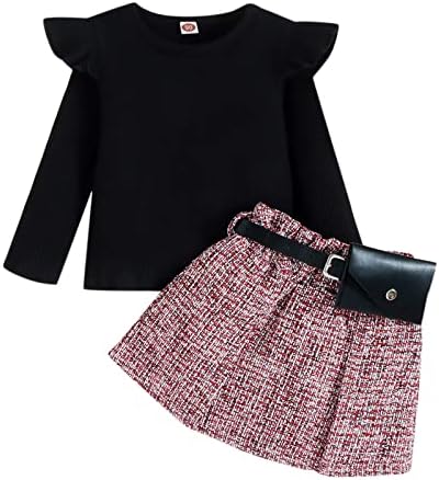 Блузи и Поли в рубчик с дълги ръкави и набори за малки момичета, Поясная чанта, Костюми, Ризи за малки момичета (Розово, 18-24 месеца)