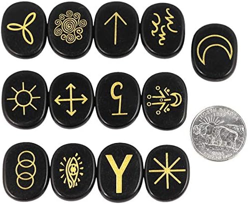 Набор от mookaitedecor - 2 предмет: Набор от 13 Ведьминых руни от черен обсидиан и Комплект от 25 Рунически камъни от Тигрового очите