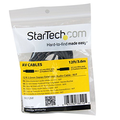 StarTech.com аудио кабел-удължител с дължина 12 фута (3,7 м) 3,5 мм аудио кабел-Удължител за КОМПЮТЪР говорител - За облекчаване на напрежението
